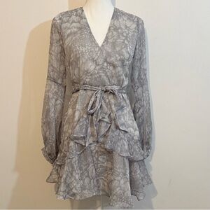 Polly Gray Abstract Print Chiffon Wrap Dress —Size 6